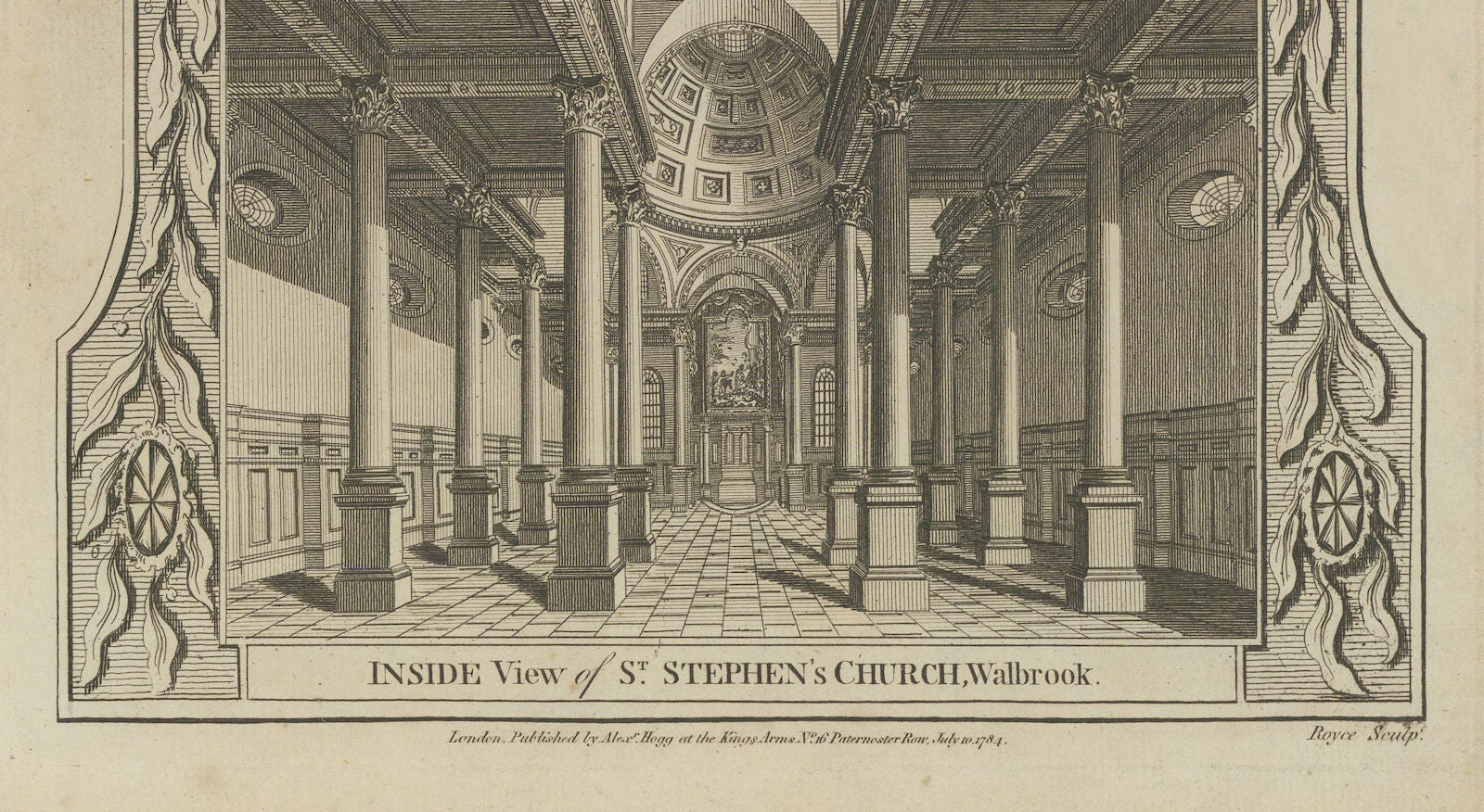 Inside view of St. Stephen, Walbrook, City of London. Wren church. THORNTON 1784